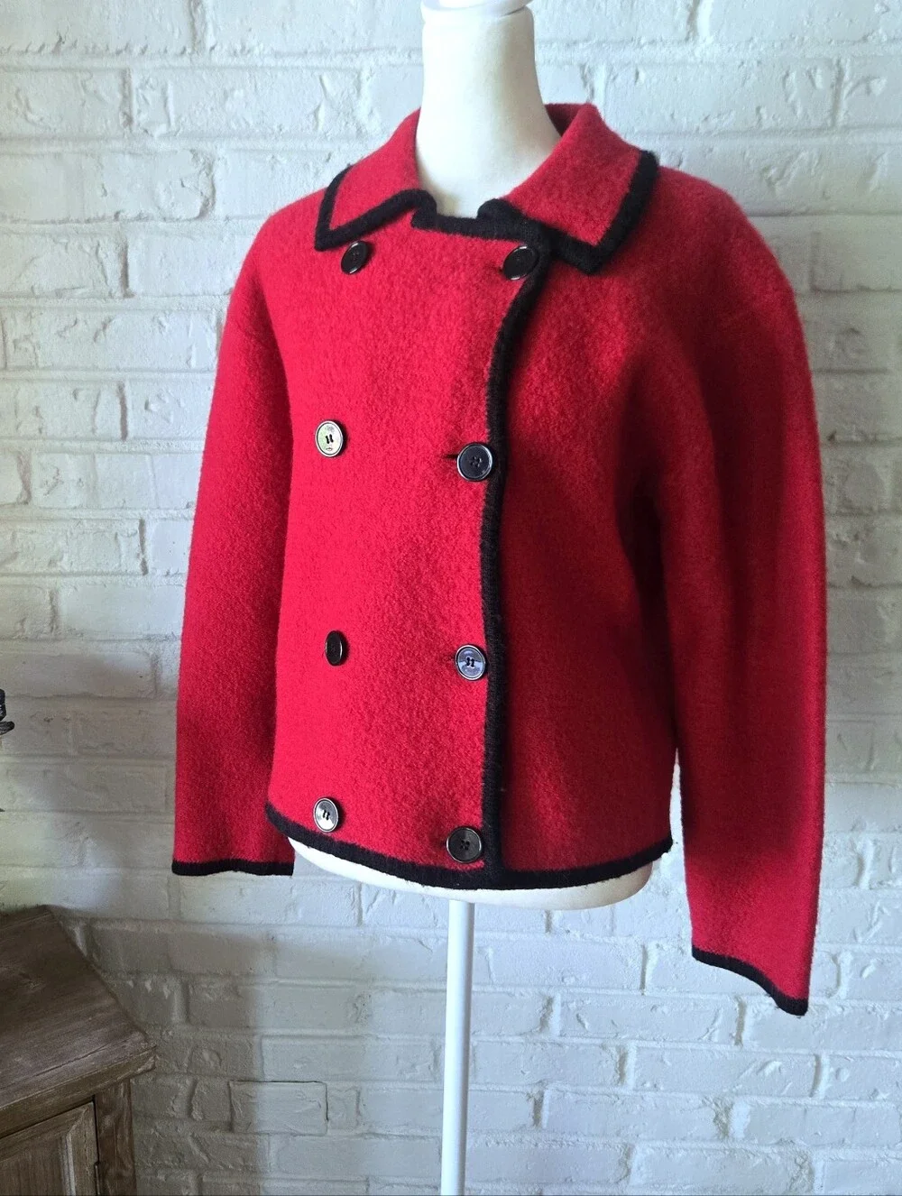 Vtg 80s 90s 100% WOOL Pea Coat, Red + Black Trim, Double Breasted, S